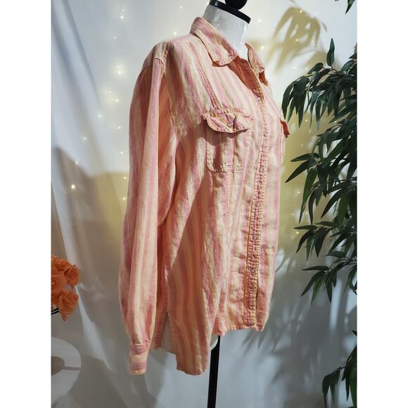 Chicos Vtg Linen Striped Snap Shirt Womens Size 3 US XL 16 Beach Sunset Orange - Picture 3 of 10